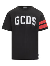 GCDS Black T-shirt with White Logo and Red Stripes - Collezione Happy Birthday | Lidia Shopping