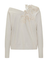 Exterior Ivory One-Shoulder Sweater with Lace Embroidery - Exterior | Lidia Shopping